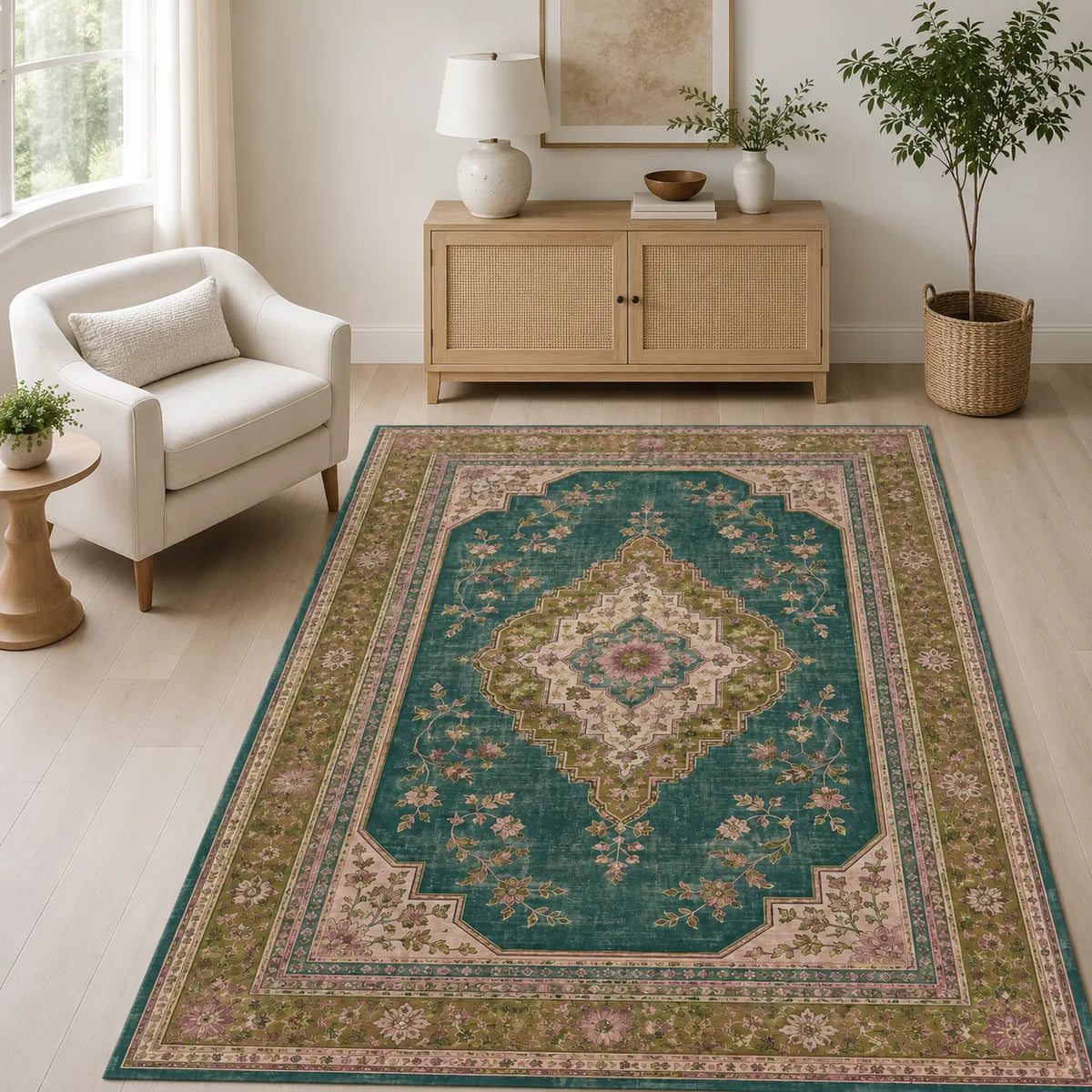 Tapis ethnique vert kaki et brun Albane – vue principale