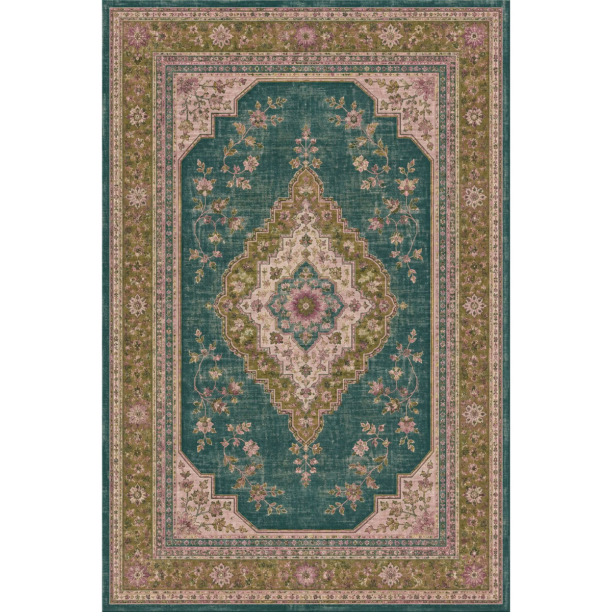 Tapis Albane vert kaki et brun en situation intérieure