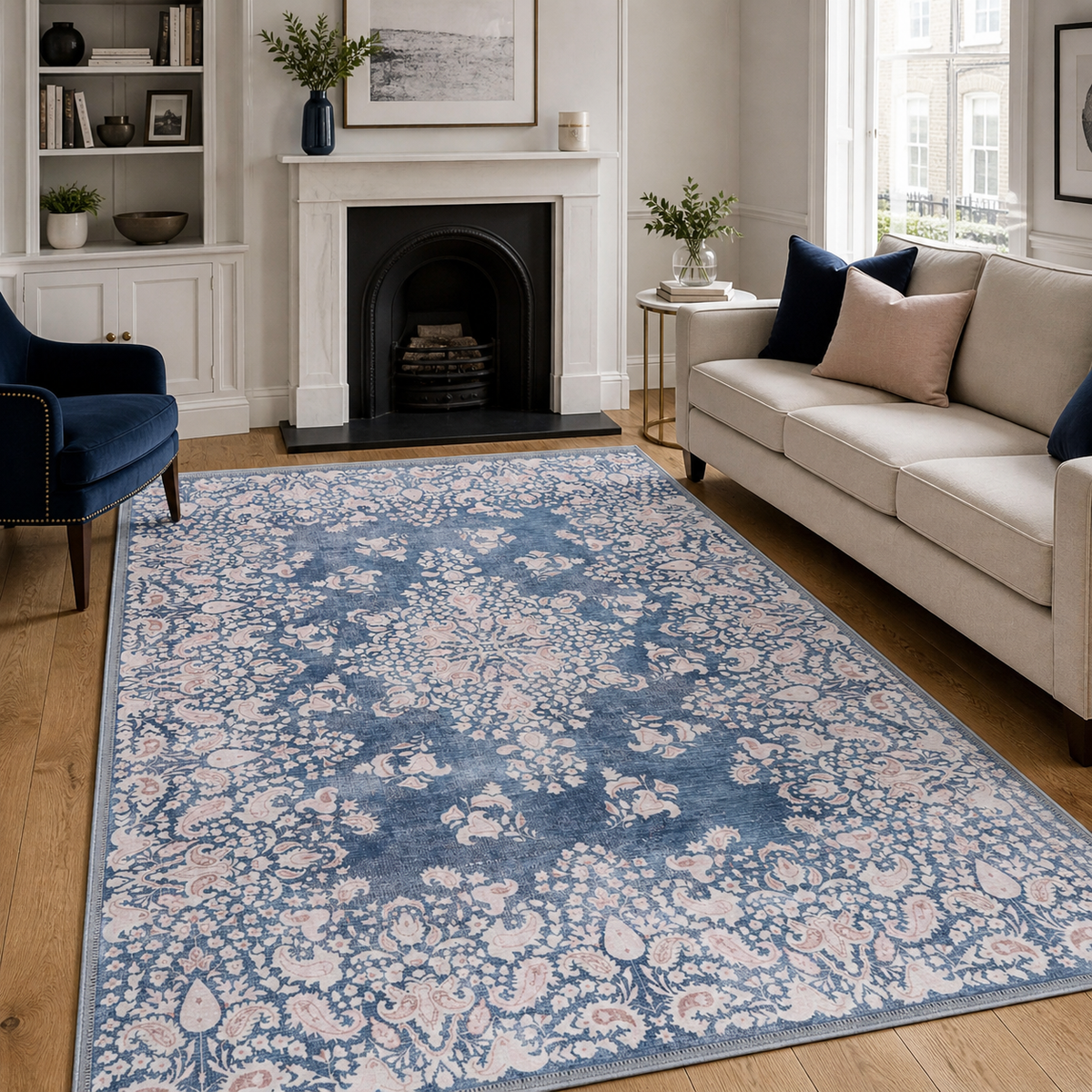 Tapis Classique Vintage Bleu Marine Lavable Juno, vue principale