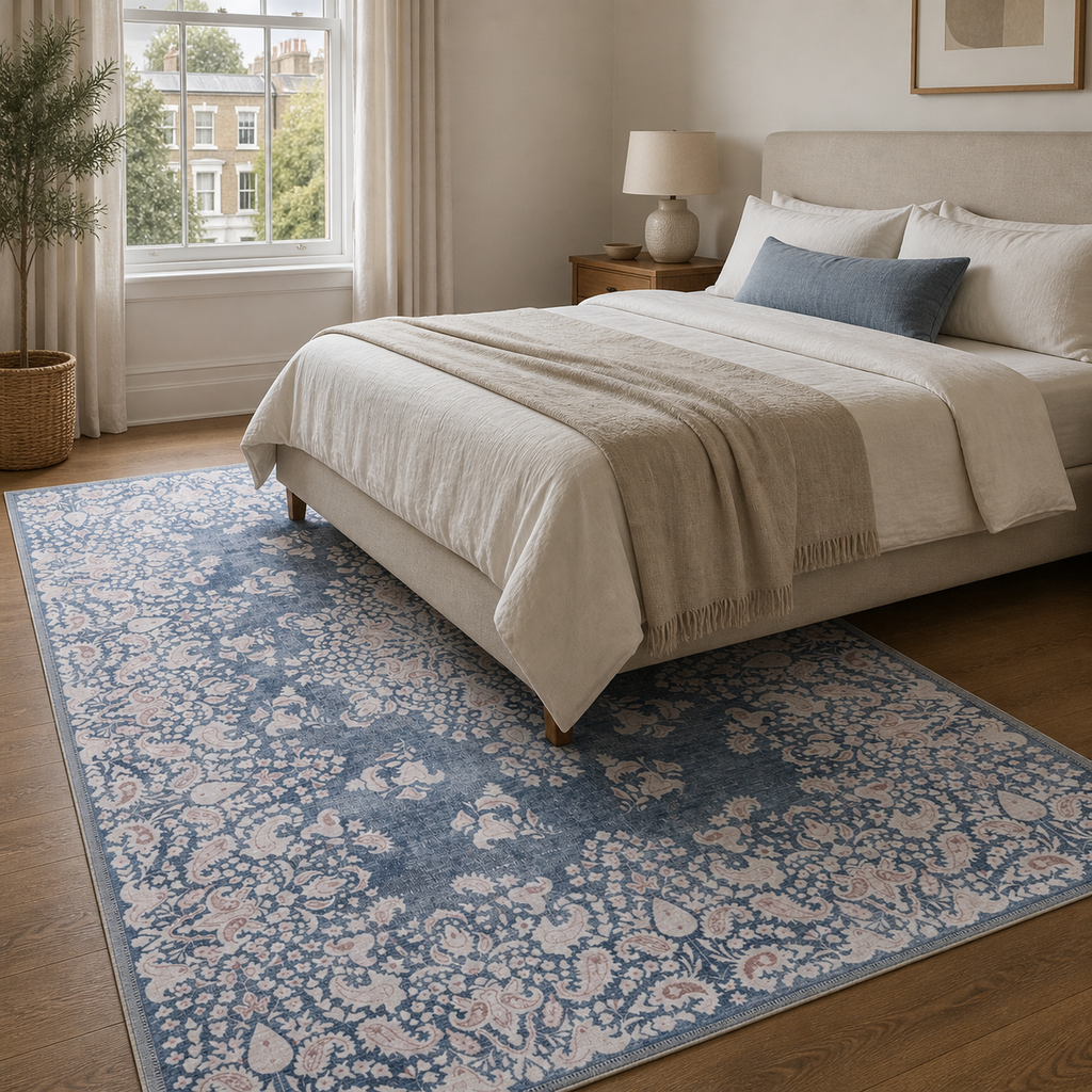 Détail du motif du tapis classique vintage bleu marine lavable Juno