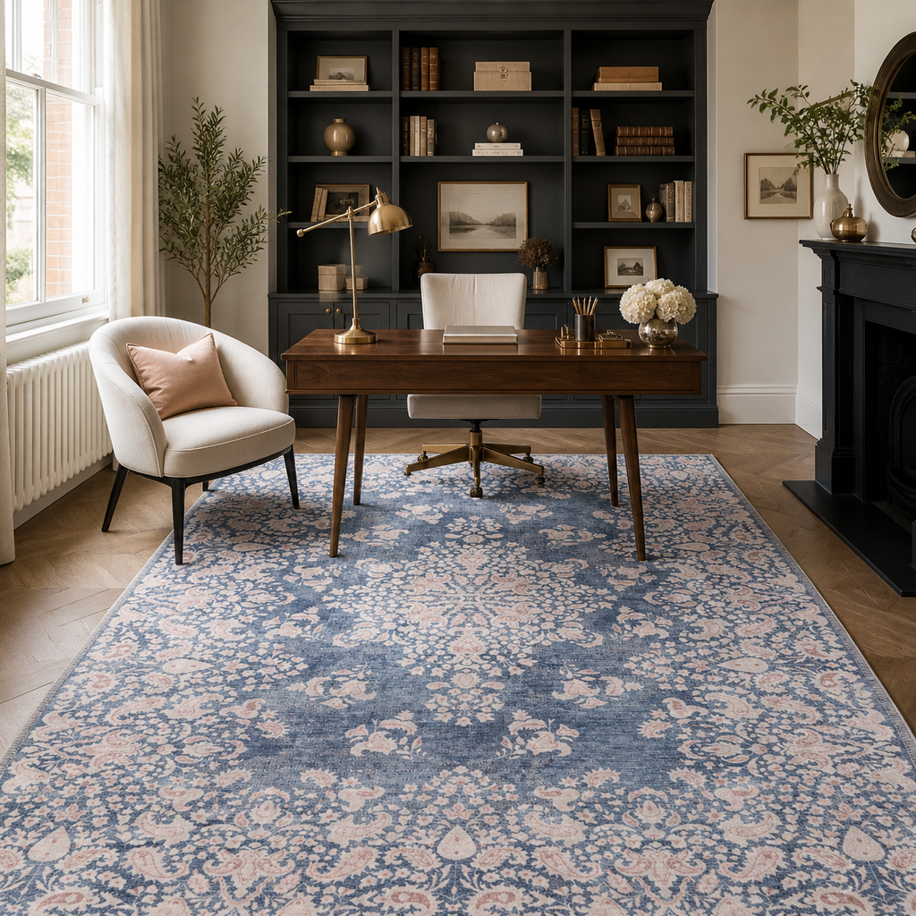 Tapis Classique Vintage Bleu Marine Lavable Juno, vue 4