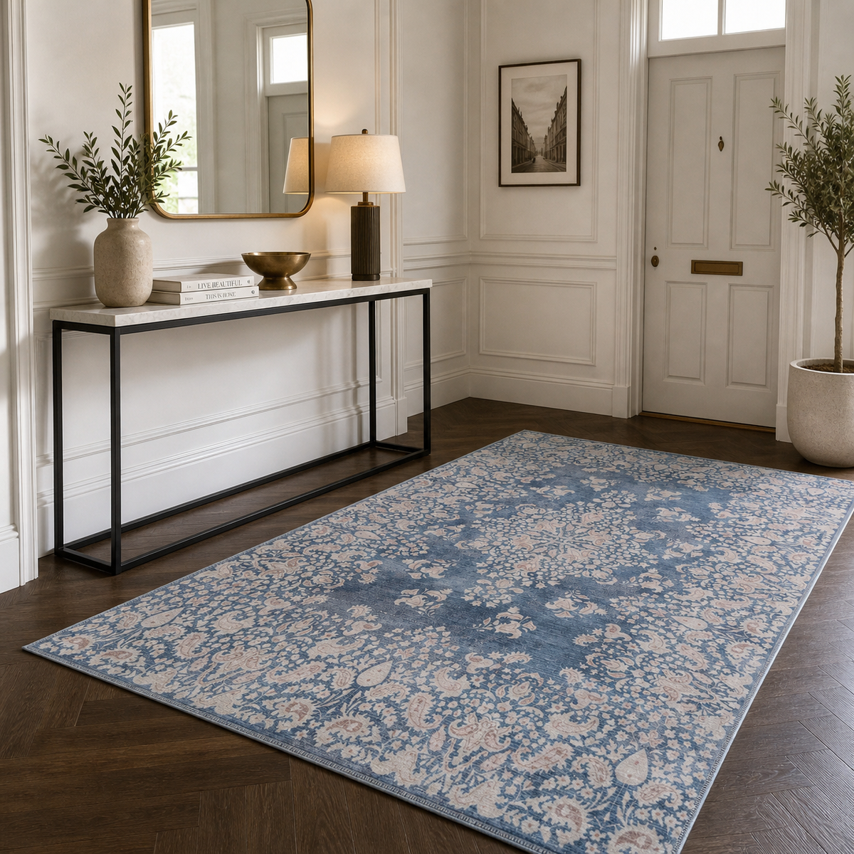 Tapis Classique Vintage Bleu Marine Lavable Juno, vue 5