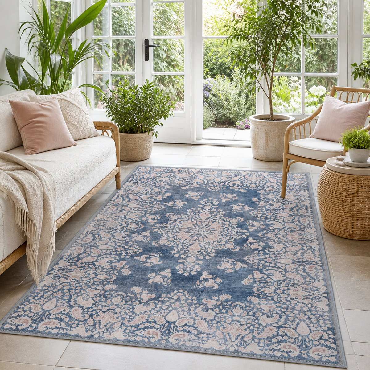 Tapis Classique Vintage Bleu Marine Lavable Juno, vue 6