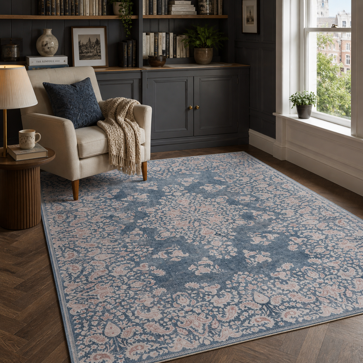 Tapis Classique Vintage Bleu Marine Lavable Juno, vue 7